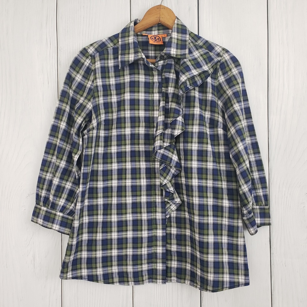 TORY BURCH Green Blue Plaid Ruffle Button Blouse